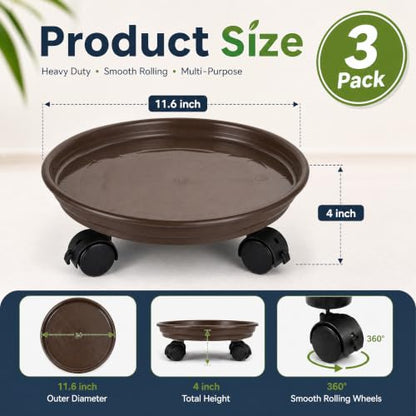 Fasmov 3 Pcs Plant Pallet Caddy Plant Stand Round Flower Pot Mover, Plant Pot Pallet Dolly Caster with Universal Wheels (Brown) - color: Brown