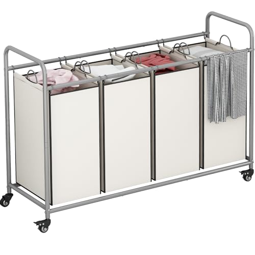 LINZINAR 4 Section Laundry Hamper, Beige Laundry Basket 180L Laundry Sorter | Laundry Room Organization with Heavy Duty Rolling Lockable Wheels and Removable Bag, Bedroom Laundry Cart for Clothes Storage - size: 4 Bags Beige