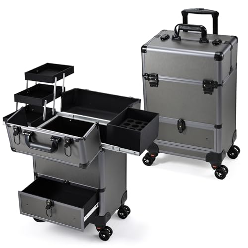 Hododou Rolling Makeup Case Cosmetic Travel Trolley Storage Sliding Drawer 4 Tray Makeup Travel Case with Wheels Salon Barber Case Traveling Cart Trunk for Cosmetologist Nail Tech Hairstylist Grey - color: Grey