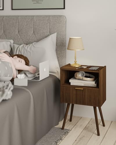 JOONEE Nightstand,Modern Bedside Table with Storage Drawer and Open Wood Shelf, for Living Room, Bedroom and Small Spaces, Accent Night Stand with Solid Wood Legs, Easy Assembly,Walnut Brown - color: Walnut Brown