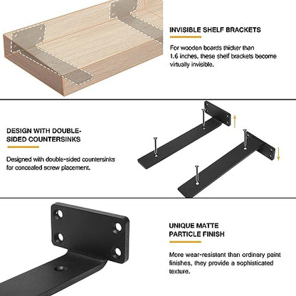 HITOMEN Heavy Duty Floating Shelf Brackets, 10-Inch (1/5'' Thick) Hidden Shelves Hardware, Iron L Brackets, Rustic Industrial Black Metal Wall Shelving Supports, 6 Pack - size: 10 Inch, style: 6 Pack