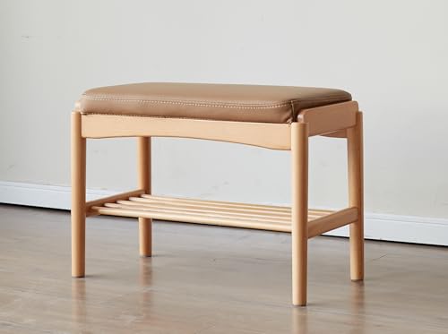 Oak Wood Shoe Bench, 24 Inch Entryway Bench with Brown Leather Cushion | Natural oak frame with brown leather cushion adds premium texture and modern elegance to your home. - color: Natural + Brown Leather Cushion, size: 23.62"