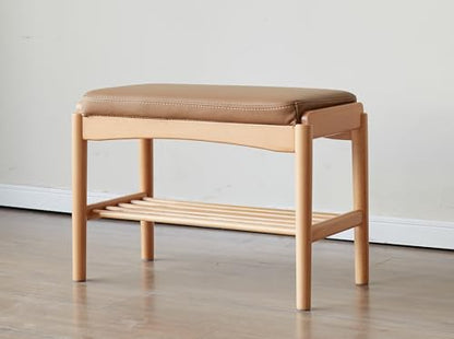 Oak Wood Shoe Bench, 24 Inch Entryway Bench with Brown Leather Cushion | Natural oak frame with brown leather cushion adds premium texture and modern elegance to your home. - color: Natural + Brown Leather Cushion, size: 23.62"