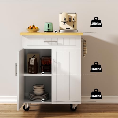 SUNLEI Rolling Kitchen Island Cart with Storage & Drawer – 26" Portable Kitchen Cart with Lockable Wheels, Towel Rack & Open Shelves for Kitchen, Dining Room, Living Room(White) - size: 26-IN