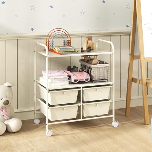 RELAX4LIFE Rolling Storage Cart with 4 Drawers - Utility Cart on Wheels w/2 Shelves & Metal Frame, Paper Scrapbook File Organizer for Home Office School Classroom, Movable Art Craft Cart (White) - color: White