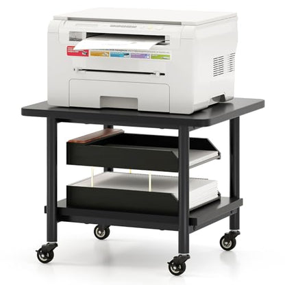 GOFLAME Under Desk Printer Stand, 2-Tier Mobile Printer Table with Storage Shelf, Metal Frame, Rolling Printer Cart Holder Storage Rack with Lockable Wheels for Home Office, Black - color: Black