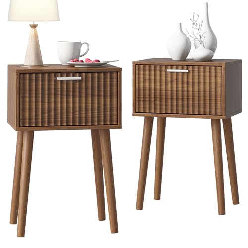 LAATOOREE Nightstands Set of 2, Small Fluted Side Table, Bedside Table with Solid Wood Feet; Modern Mid-Century End Table for Bedroom, Small Space - color: Rustic Brown, style: Fluted Style