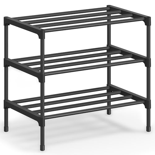 SONGMICS 3-Tier Shoe Rack for Closet, Compact Metal Shoe Organizer Shelf for Entryway, Bedroom, Small Spaces, Stackable, 11.8 x 17.7 x 19.1 Inches, Black ULSA113BH01 - size: 3 Tiers (17.7"W)
