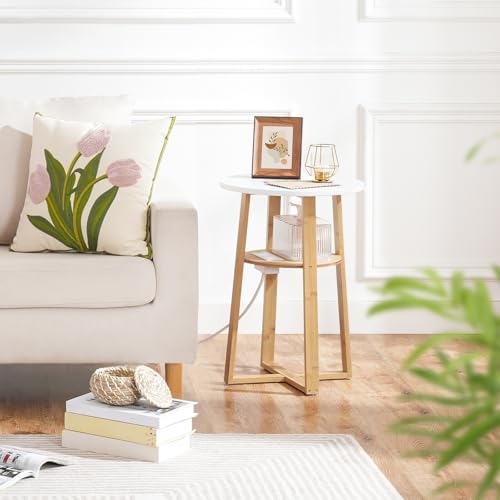 HOOBRO Round Side Table with Charging Station, Round Accent End Table with Bamboo Legs for Living Room, Bedroom, White and Natural YW101UBZ01 - color: White and Natural