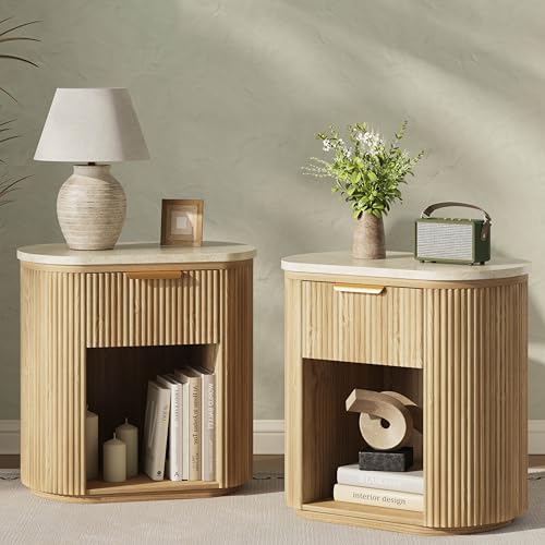 Fluted Marble Nightstand Set of 2, 23.6" Large Bedside Side Table with Drawer, Wood End Table with Storage, Curved Round Corner, Furniture Bedroom Sofa, Mid Century Modern,Oak, Marble - color: Marble and Oak