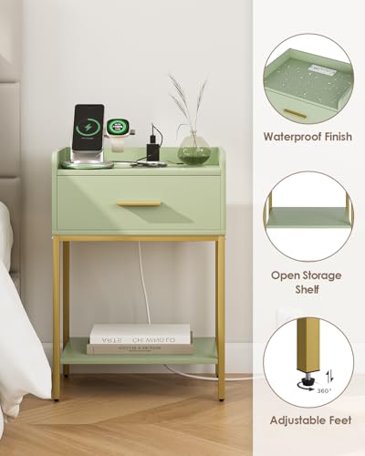Nightstand with Charging Station,3-Tier Modern Bedside Table Night Stand with Storage Drawer and Open Shelf,Small End Side Table for Bedroom,Living Room,Green - color: Green With Charging Station