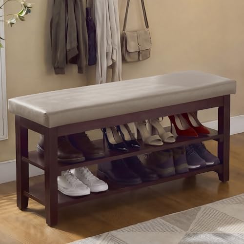 40" Faux Leather Shoe Storage Bench Entryway, Upholstered Bench with Leather Cushion, Solid Wooden 2 Tier Rack Shoe Organizer for Entry Way, Bedroom, Living Room, Grey - color: Grey