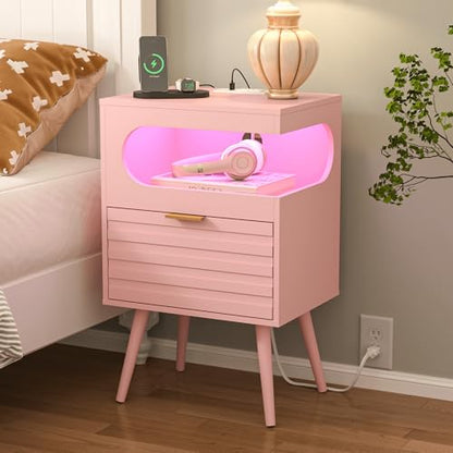 Veegle Nightstand,Modern Bedside Table with Storage Drawer and Open Wood Shelf, Accent Night Stand with Solid Wood Legs for Living Room, Bedroom and Small Spaces,Easy Assembly (Pink-1) - color: Pink-1