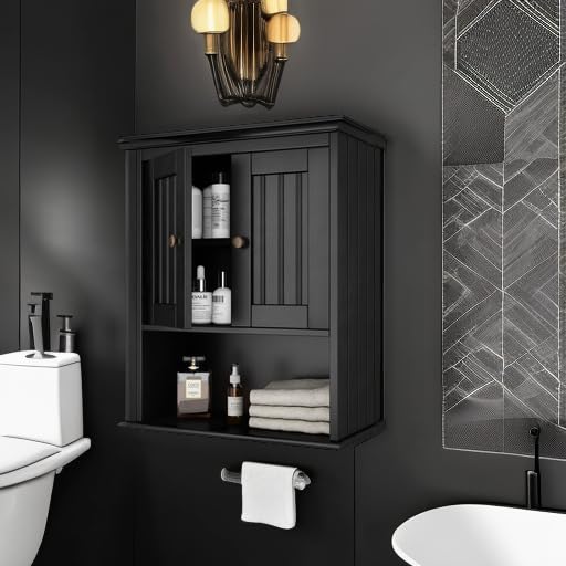 Treocho Wood Wall Cabinet Bathroom Medicine Cabinet Storage with Doors and Adjustable Shelf Wall Mount for Bathroom, Livingroom, Kitchen, Cupboard, Black - color: Black