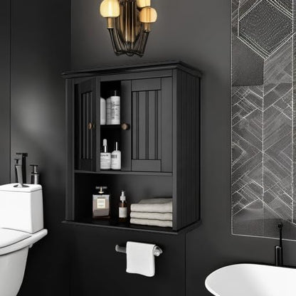 Treocho Wood Wall Cabinet Bathroom Medicine Cabinet Storage with Doors and Adjustable Shelf Wall Mount for Bathroom, Livingroom, Kitchen, Cupboard, Black - color: Black