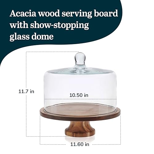 Libbey Acacia Wood Cake Stand with Lid, Footed Cake Stand With Cover, Durable Ball Top Handle Glass Dessert Dome - color: Footed Round