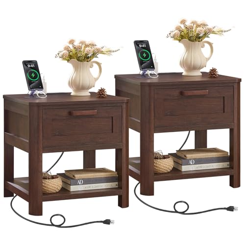 Joaxswe Farmhouse Side Table Set of 2 Living Room, Small Night Stand with 1 Drawers & Open Shelving & 4 Thickened Table Legs, Walnut - color: Walnut, size: Set of 2