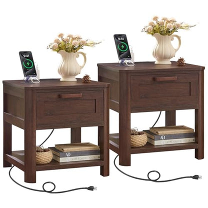 Joaxswe Farmhouse Side Table Set of 2 Living Room, Small Night Stand with 1 Drawers & Open Shelving & 4 Thickened Table Legs, Walnut - color: Walnut, size: Set of 2