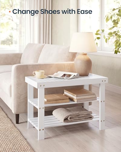 SONGMICS HOME 3-Tier Bamboo Shoe Bench, Shoe Rack, for Entryway Bathroom Bedroom, 11.5 x 27.8 x 18 Inches, White - color: White