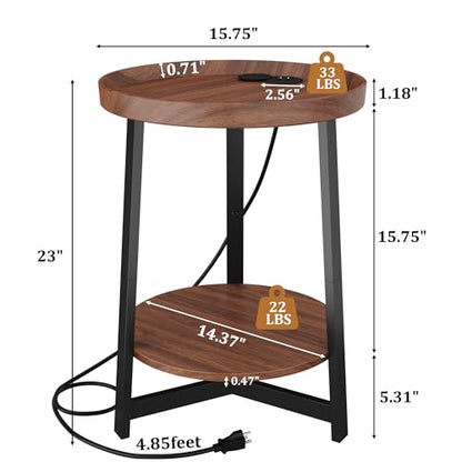 Round Industrial Side Table with Charging Station,2-Tier Round End Table with USB Port & Power Outlet, Nightstand with Metal Frame for Small Spaces, Living Room, Bedroom, Cherry - color: Cherry, style: With Charging Station