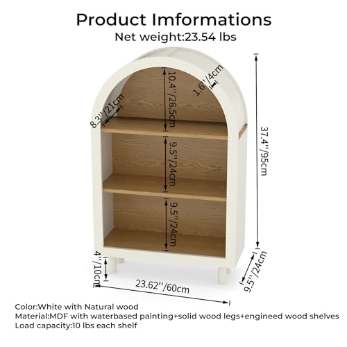 37" Arched Bookcase, Kids Bookshelf, Modern 3-Tier Open Bookshelf, Low Short Storage Shelves Bookcase, Arched Storage Cabinet for Office, Living Room, Entryway, Oak (Oak)