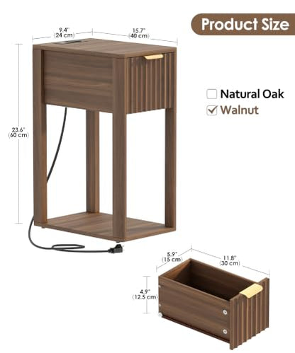 Akxomel Narrow Fluted Nightstands Set of 2, Wooden Slim Bedside Table with Charging Station, Mid-Century Modern Night Stand with Drawer and Open Shelf, Small Side End Table, for Bedroom, Walnut - color: Walnut
