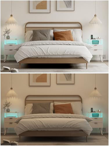 Leomonio Nightstand with Charging Station and LED Lights, Modern Bedside Table with 2 Storage Drawer and Open Wood Shelf for Bedroom and Small Spaces, Night Stand with Solid Wood Legs - color: White-outlet