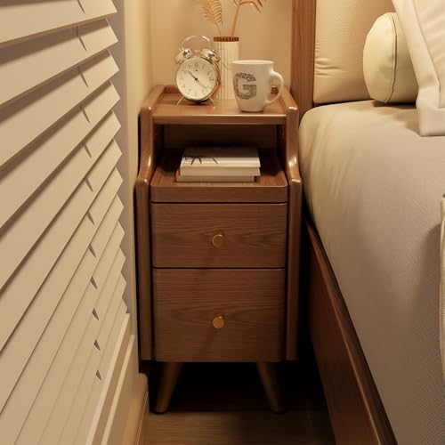 AQIMUELE Small Nightstand with Drawers, Solid Wood Bedside Table, Narrow Walnut Nightstand for Bedroom - color: 1 Pc(walnut), size: 15.74''D*11.81''W*19.68''H