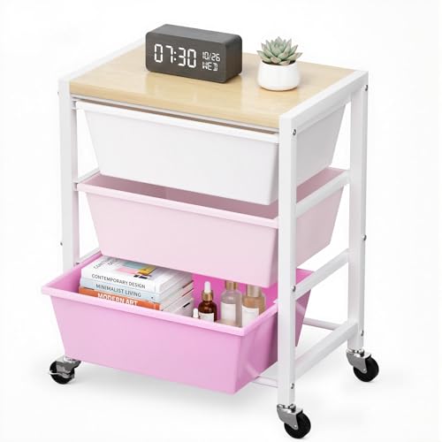 Rolling Cart with 3 Drawers, Plastic Drawer Storage Carts with Lockable Wheels & Wooden Tabletop, Metal Art Craft Utility Cart Organizer for Home Office Bedroom Dorm Bedside Classroom, Bright Pink - color: Bright Pink