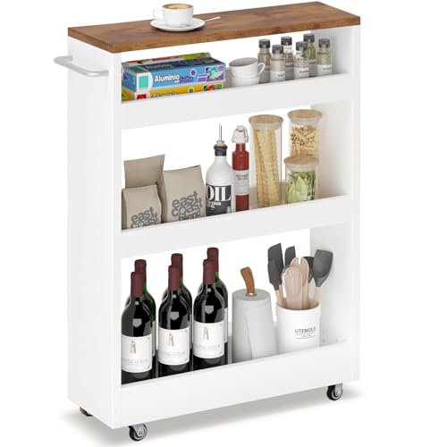 TEAMIX 4 Tier Slim Rolling Storage Cart with Wheels, 24.8D x 7.9W Inches, Height Adjustable, Deeper Utility Cart with Handle Narrow Shelf Organizer for Kitchen Laundry Bathroom Pantry Office (White)