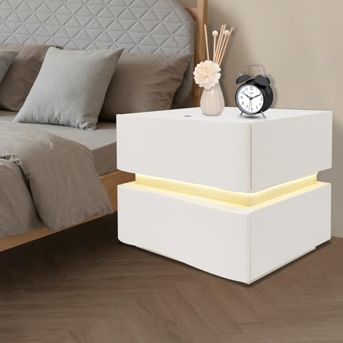 Minimalist Nightstand with LED Light, Wooden Bedside Table with 2 Drawers Small Modern Side Table for Bedroom Dorm Small Spaces - size: 2 Drawer