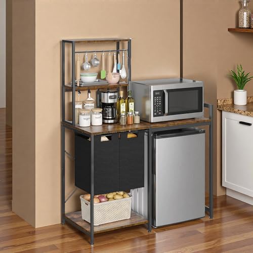 YITAHOME Kitchen Bakers Rack with Storage Shelves, Coffee Bar Table | 4 Tiers ＆ 5 Hooks, 45.3" Large Freestanding Kitchen Shelves, Mini Fridge Cabinet with Storage for Dining Room, Retro Brown - size: 55"×47.2"