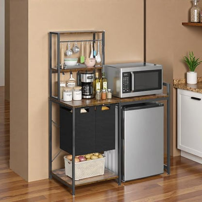 YITAHOME Kitchen Bakers Rack with Storage Shelves, Coffee Bar Table | 4 Tiers ＆ 5 Hooks, 45.3" Large Freestanding Kitchen Shelves, Mini Fridge Cabinet with Storage for Dining Room, Retro Brown - size: 55"×47.2"
