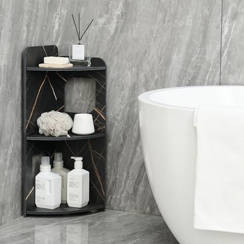 Black 3-Tier Small Corner Shelf Stand, Waterproof Bathroom Storage, Toilet Paper Storage, Corner Table for Small Spaces (Black)