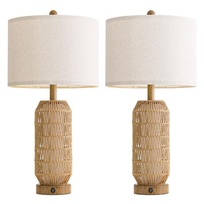 OYEARS 25" Table Lamps Set of 2 with Night Light,Bedside Lamps for Bedroom,Boho Lamps with USB C+A Charging Ports,Farmhouse Table Lamp with Rattan,Frosted Glass,Linen Shade (Wood Grain,Bulb Included) - color: Wood-Grain