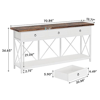 Tribesigns 70.8" Console Table with 3 Drawers, Farmhouse Entryway Table with Storage Shelf, Narrow Long Sofa Foyer Table for Entryway, Hallway (White/Brown) - color: White/Brown