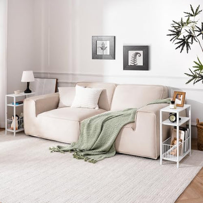 Yoobure Narrow Side Table with Storage Basket, Small End Table for Small Spaces, Skinny Side Tables Living Room Bedroom Office, Slim Nightstand 3 Tier Bedside Table Space-Saving for Magazine, White - color: White