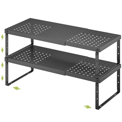 RUILALIFE Expandable Cabinet Organizer Shelf With Adjustable Height, Stackable Kitchen Countertop Organizer Rack, Adjustable Shelf Riser For Kitchen Counter, Pantry, Cupboard, Desk, Tabletop - color: Black-2 Pack, size: 8.27"D*14-22.4"W x 7.5"H