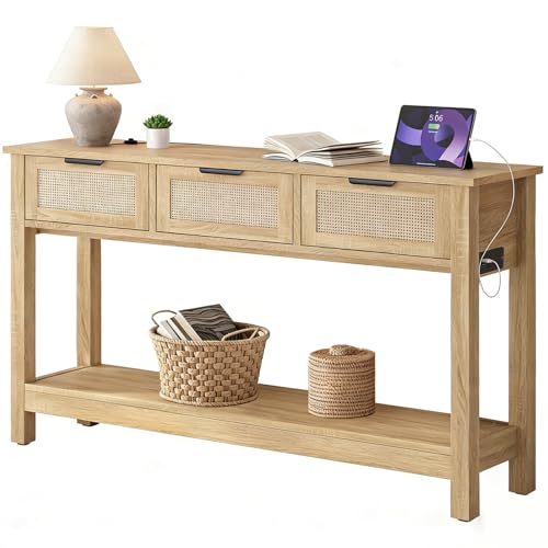 Luoxiao Entryway Table with Outlets & USB-C, 3 Drawers Rattan Console Table | Narrow Entry Table with Open Shelf, Anti-Tip, Easy Assembly, Boho Front Entrance Hallway Foyer Storage, 47 Inch, Natural Wood - color: Wood