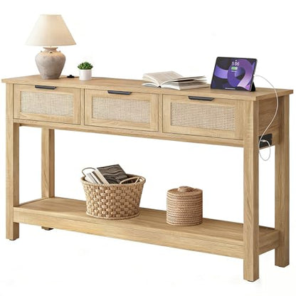 Luoxiao Entryway Table with Outlets & USB-C, 3 Drawers Rattan Console Table | Narrow Entry Table with Open Shelf, Anti-Tip, Easy Assembly, Boho Front Entrance Hallway Foyer Storage, 47 Inch, Natural Wood - color: Wood