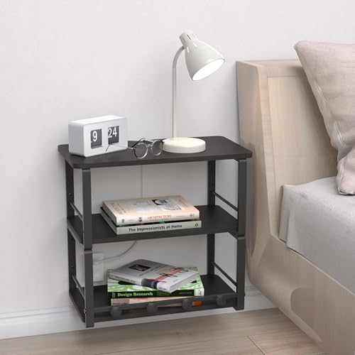 ANYHI Wall Mounted Three-Tier Floating Shelves for Living Room/Bedroom/Kitchen/Bathroom, Wood Floating Shelf with 4 Hooks for Books/Storage/Decor, Bedside Shelves, Black Nightstand