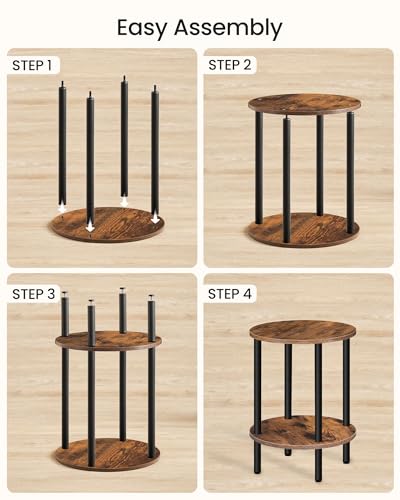 CHOEZON Side Table Set of 2, 2-Tier Round End Table, Small Nightstand with Sturdy Metal Tube, Industrial Coffee Table, for Living Room, Bedroom, Rustic Brown and Black TBZ01P2BF - color: Rustic Brown + Black