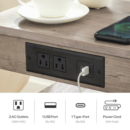 HOOBRO Side Tables Set of 2 with Charging Station and USB Port, Small End Tables for Small Space, 3-Tier Nightstands with Adjustable Shelf, for Living Room, Bedroom, Greige and Black BG112BZP201 - color: Greige + Black