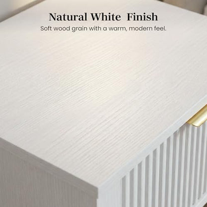 Modern Fluted Small Wood Nightstand, 11.8" Deep x 15.4" Narrow Bedside Table with Drawer & Open Shelf, Farmhouse Chic Accent Side Table for Bedroom & Sofa - White | Bright white tone, ribbed fluted front, 11.8-inch slim depth, concealed storage, clean fit