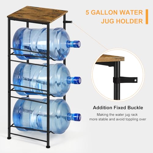 OYEAL 5 Gallon Water Bottle Jug Holder 3-Tier Water Bottle Holder Organizer with Top Shelf, Heavy Duty Water Dispenser Stand Rack for Kitchen Living Room Office, Rustic Brown - style: Round Tube Brown