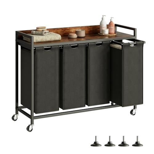 Herture Laundry Hamper with Shelf, Laundry Basket 4 Section, Laundry Sorter with Pull-Out Removable Large Bags and Movable Wheels, Metal Frame, 4 x 15.87 Gallons (60L), Rustic Brown + Black PF07XLY - color: Rustic Brown + Black, size: 4 Bags-240 L