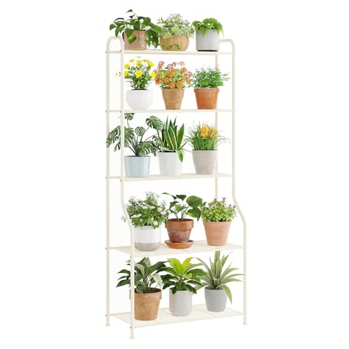 5-Tier Corner Plant Stand, Metal Black Flower Pot Rack, Indoor Outdoor Heavy Duty Shelf (Cream, 5 Tier) - color: Cream, size: 5 Tier