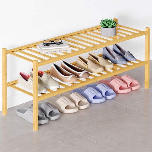 Smiry Bamboo Shoe Rack for Closet, 2 Tier Long Wooden Shoe Organizer, Stackable Wood Shoe Storage Shelf for Entryway, 14 Vertical Slats, One-piece Heavy-Duty Legs, 33.86"x11.02"x12.99", Natural - color: Natural, size: 2 Tier - Long