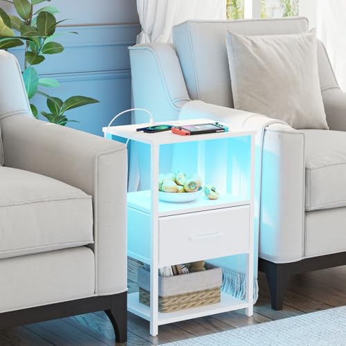 TUTOTAK LED Nightstand Set of 2, Night Stand with Charging Station, End Table, Bedside Table with Fabric Drawer, Side Table for Livingroom and Bedroom, Whtie TB01BW0692L - color: White, style: Plug&LED