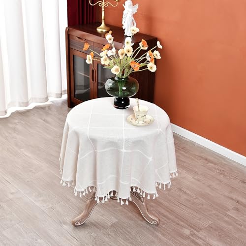 Plaid Round Tablecloth 48 Inch Cotton Linen Round Table Cloth - color: Off-white, size: 48" (Round)